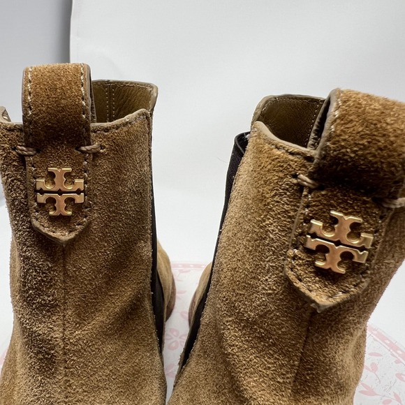 Tory Burch Chelsea Boots Women 10.5 Tan Suede Leather Square Toe Block Heel Pull - Picture 9 of 11